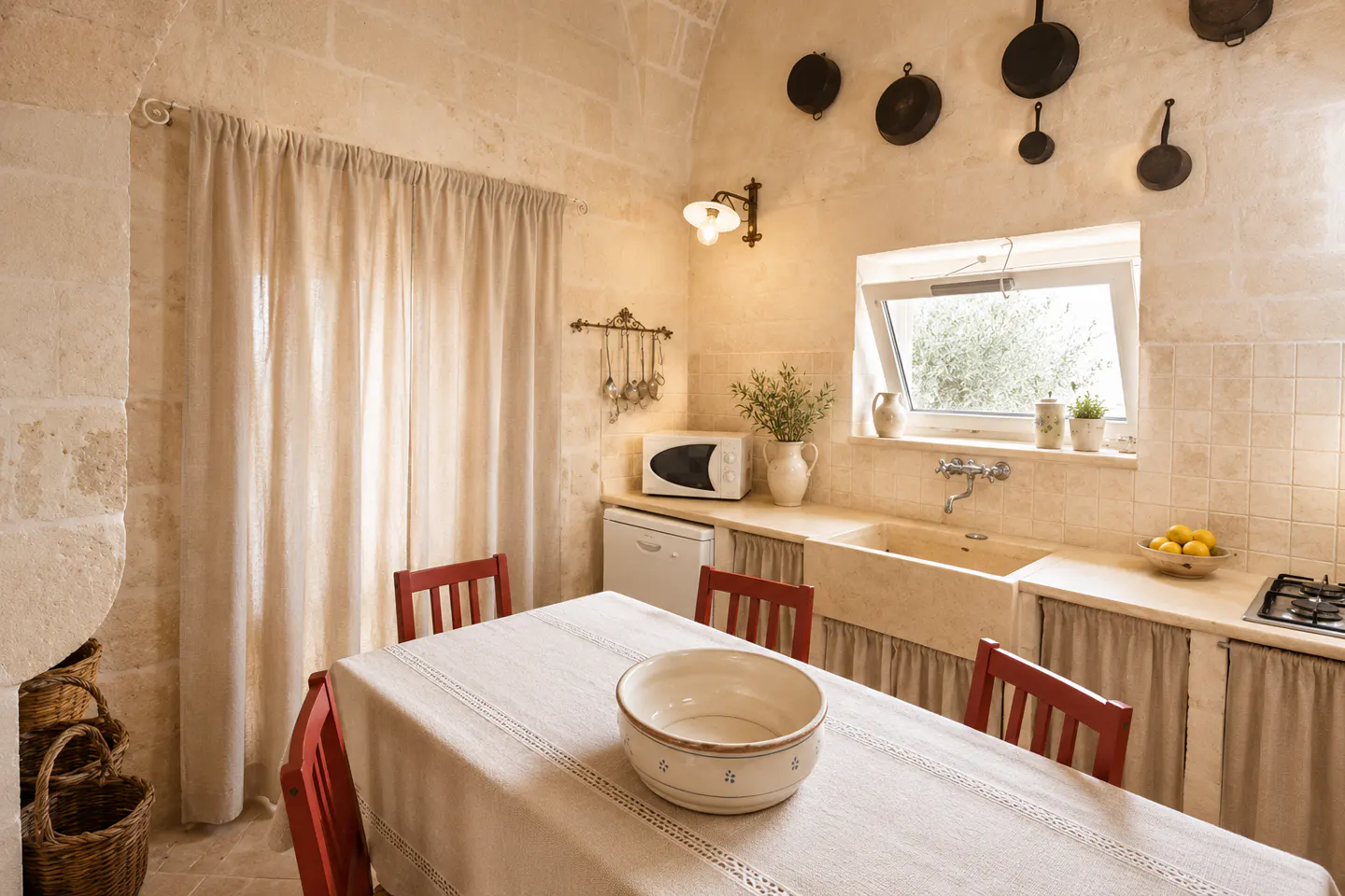A bright kitchen with stone walls, red chairs around a table with a white tablecloth, and black pans hanging on the wall.