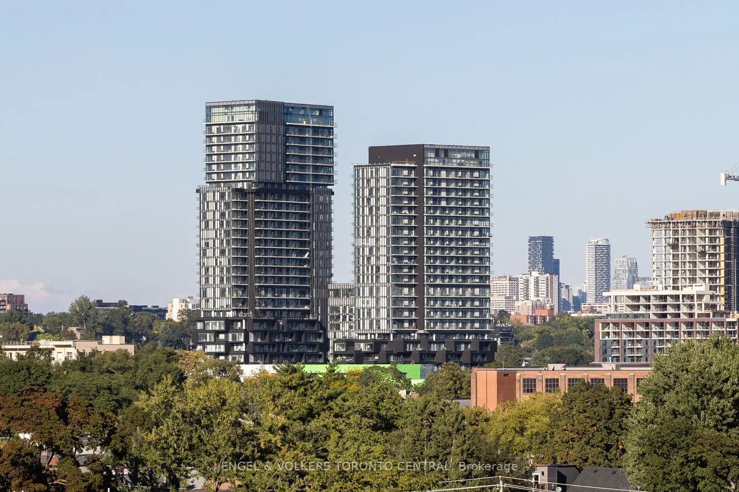 Two modern, dark-framed condo towers rise above green trees in Toronto, under a clear sky. Other buildings are visible in the distance.