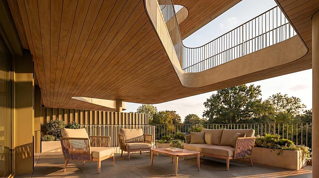 Outdoor patio with wood ceiling, lounge chairs, and sofa. Balcony overlooks trees and sky.