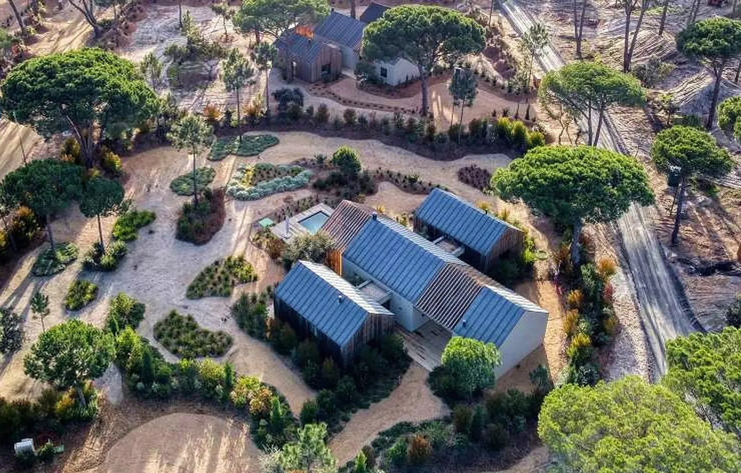 Aerial view of a modern home with blue metal roofs, surrounded by trees and a winding path. A small pool is visible.