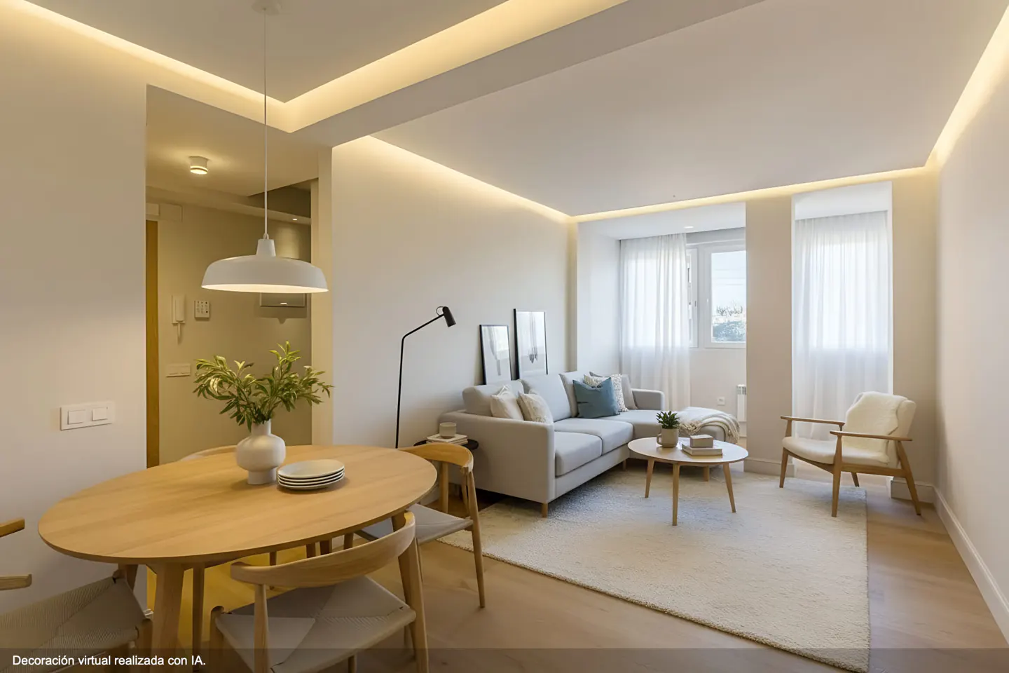 Bright, modern living room with a light wood dining table, gray sofa, and white rug. Natural light streams through the window.