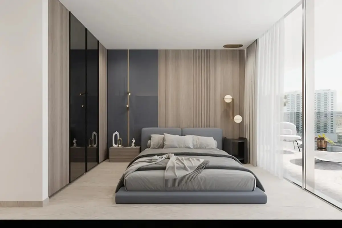 Modern bedroom with a gray bed, wood-paneled wall, and floor-to-ceiling windows overlooking a city.