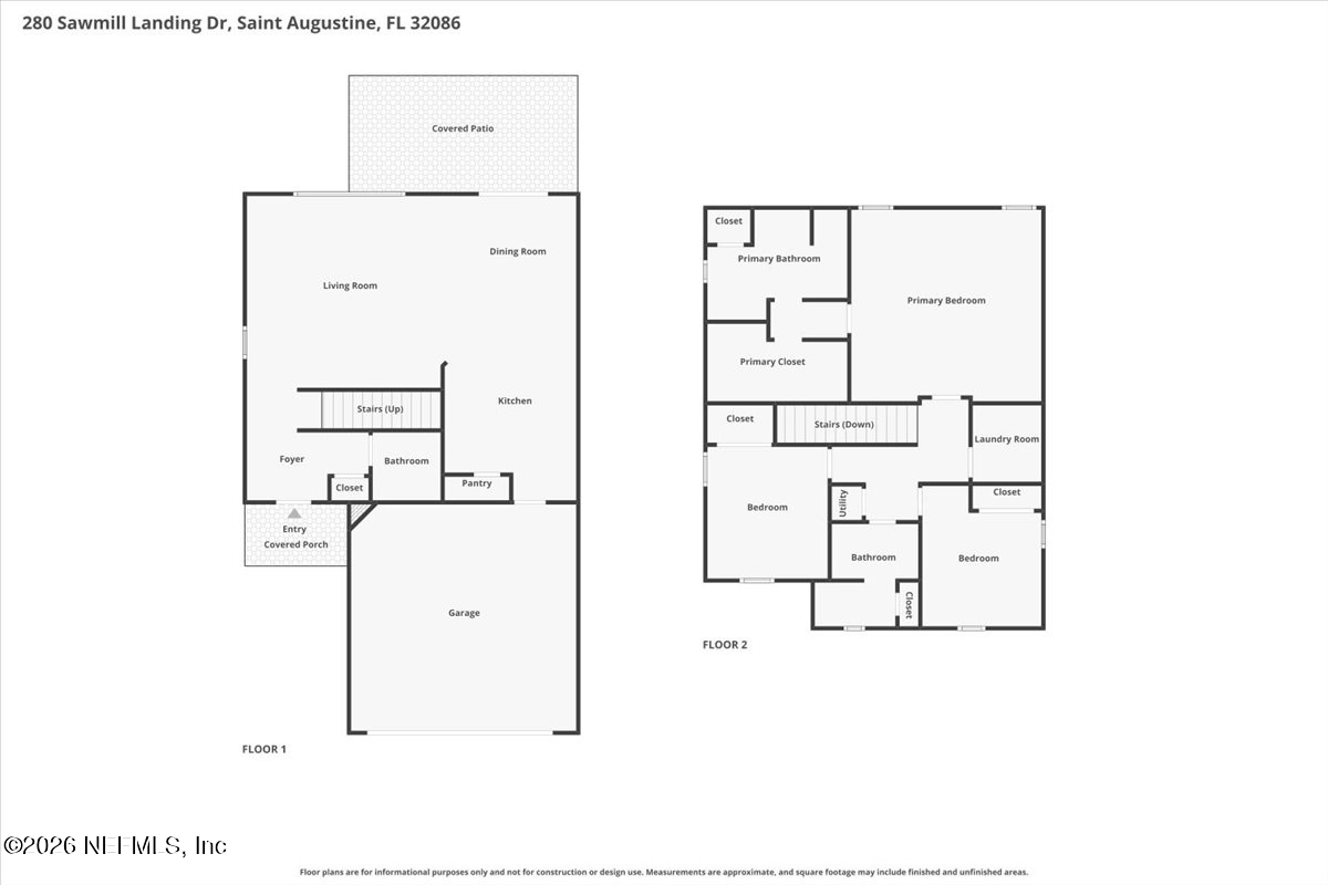 Two-story floor plan for 280 Sawmill Landing Dr, showing the layout of rooms, garage, and porch on both levels.