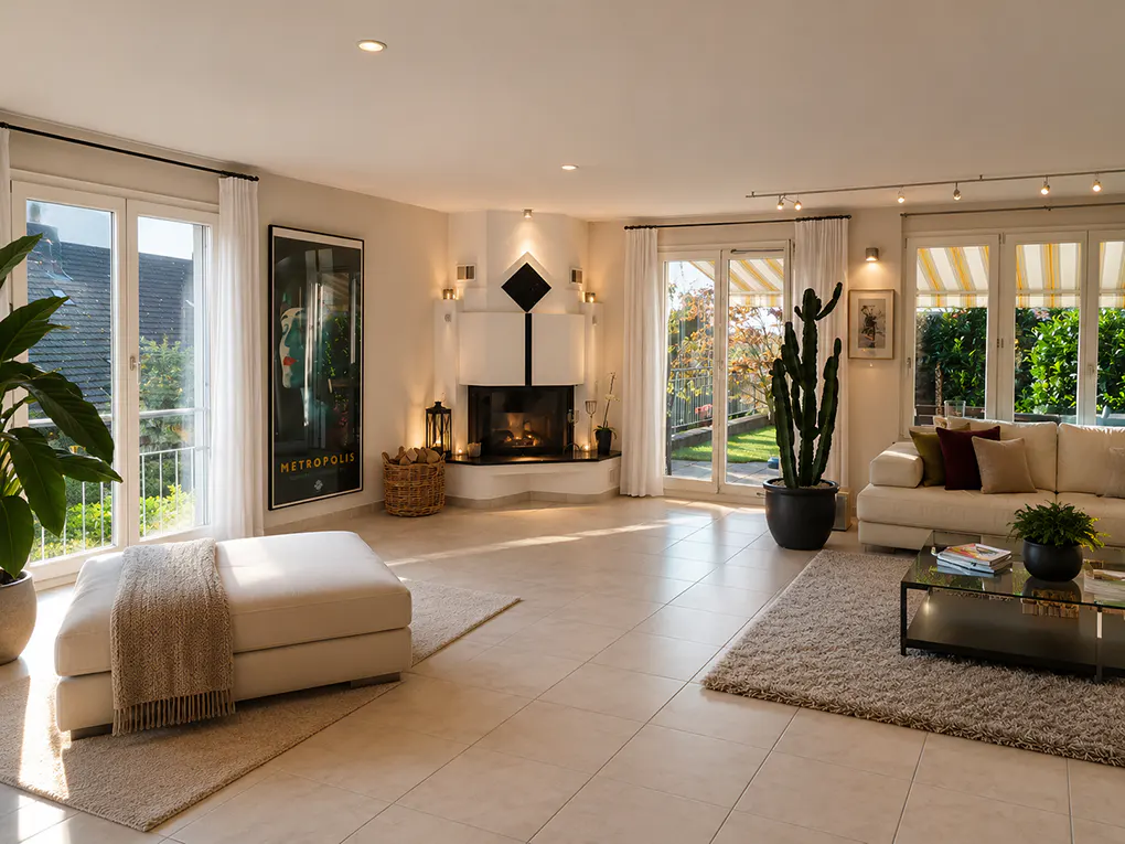 Bright living room with tile floors, fireplace, and large windows. A white sofa and ottoman sit on rugs. Plants add greenery.