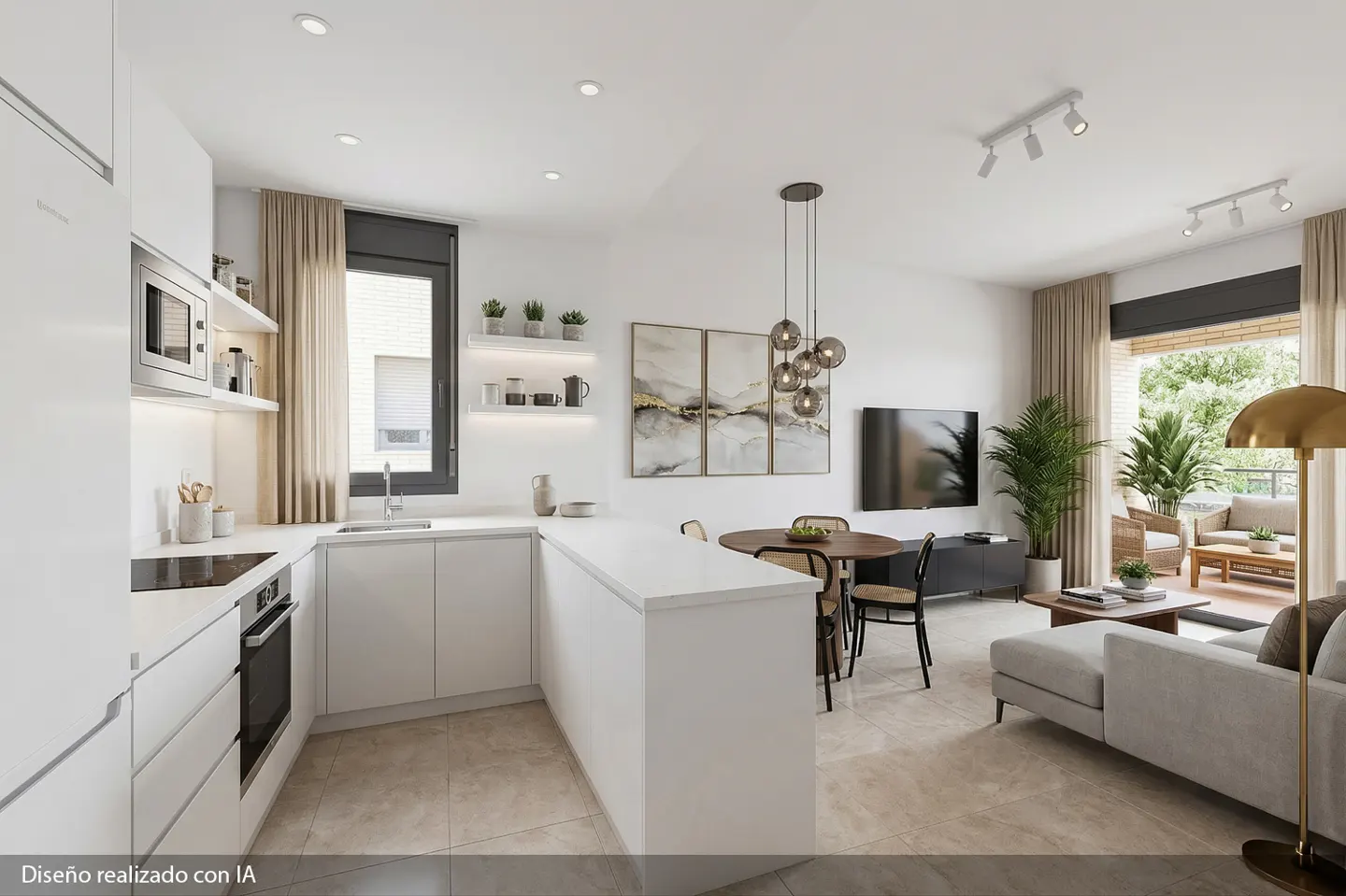 Bright, modern open-concept kitchen and living area with white cabinets, round dining table, and gray sofa. Balcony with seating visible.