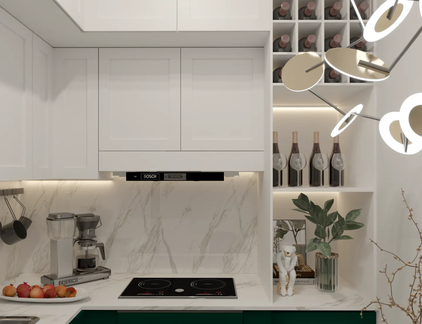 Modern kitchen with white cabinets, marble backsplash, and green countertops. Wine rack and decorative items are displayed on shelves.