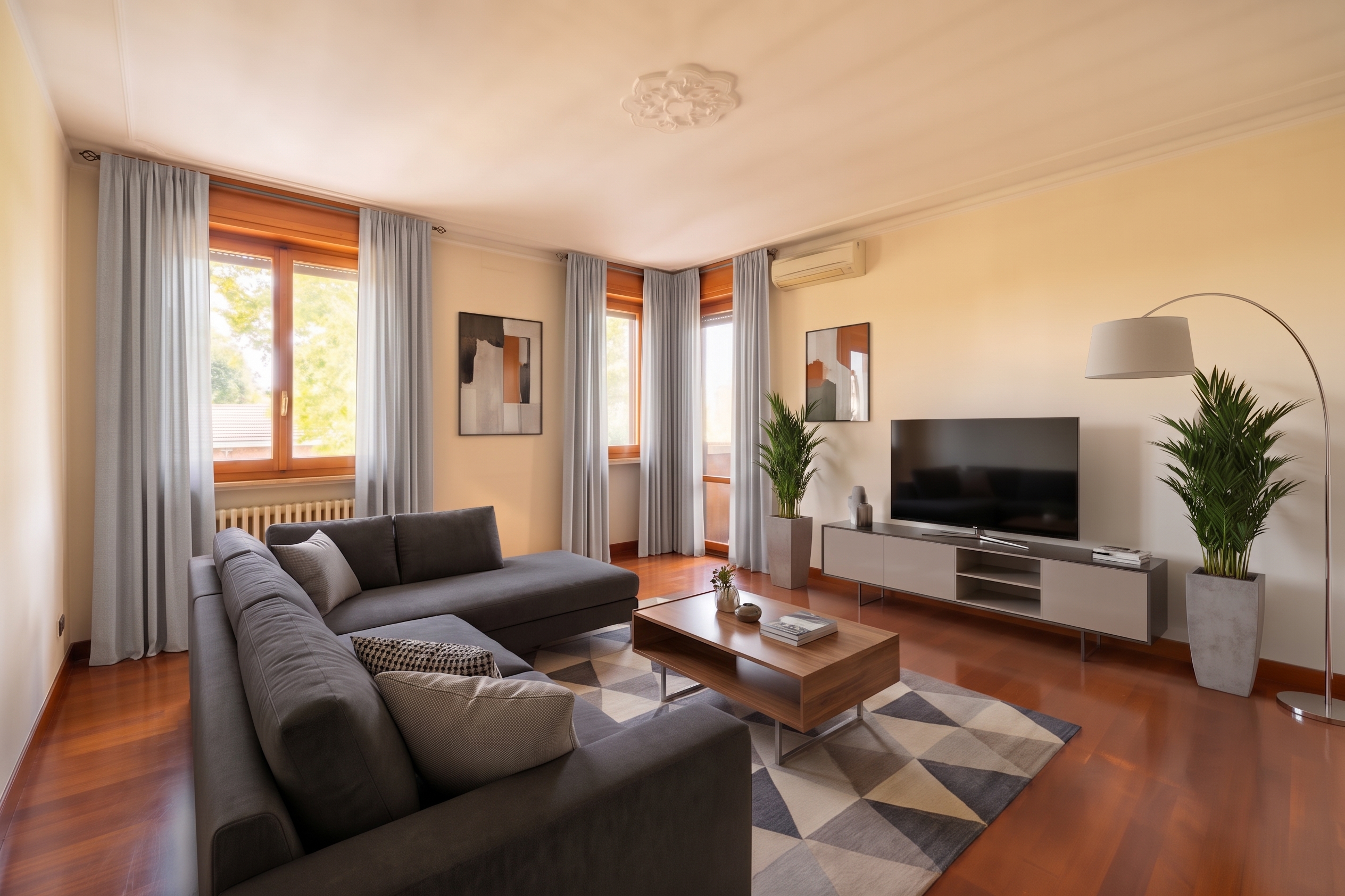 Spacious three-bedroom flat ready to live, with balcony and double garage [AI-modified]