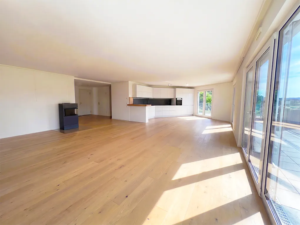 Spacious open-plan living area with light wood floors, a modern white kitchen, a black fireplace, and large glass doors.