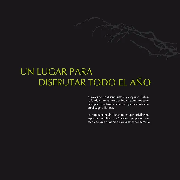 Dark background with text "Un lugar para disfrutar todo el año" in yellow-green, and a tree branch silhouette.