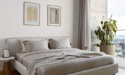 Bedroom with a gray bed, white walls, and framed art. A plant sits by a large window with a city view.