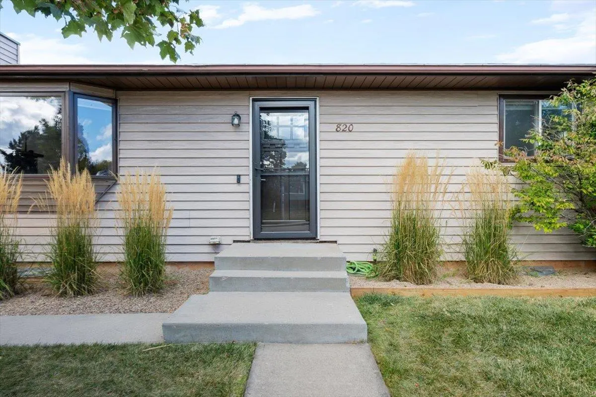 Front exterior of a light gray house with a black front door, concrete steps, and decorative grasses.