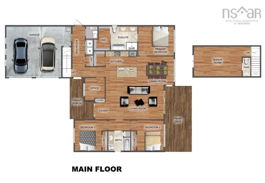 Floor plan of a house with a garage, three bedrooms, living room, dining room, kitchen, and a bonus room.