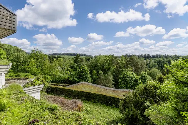 View of a lush green landscape with trees, a building with a green roof, and a blue sky with white clouds.
