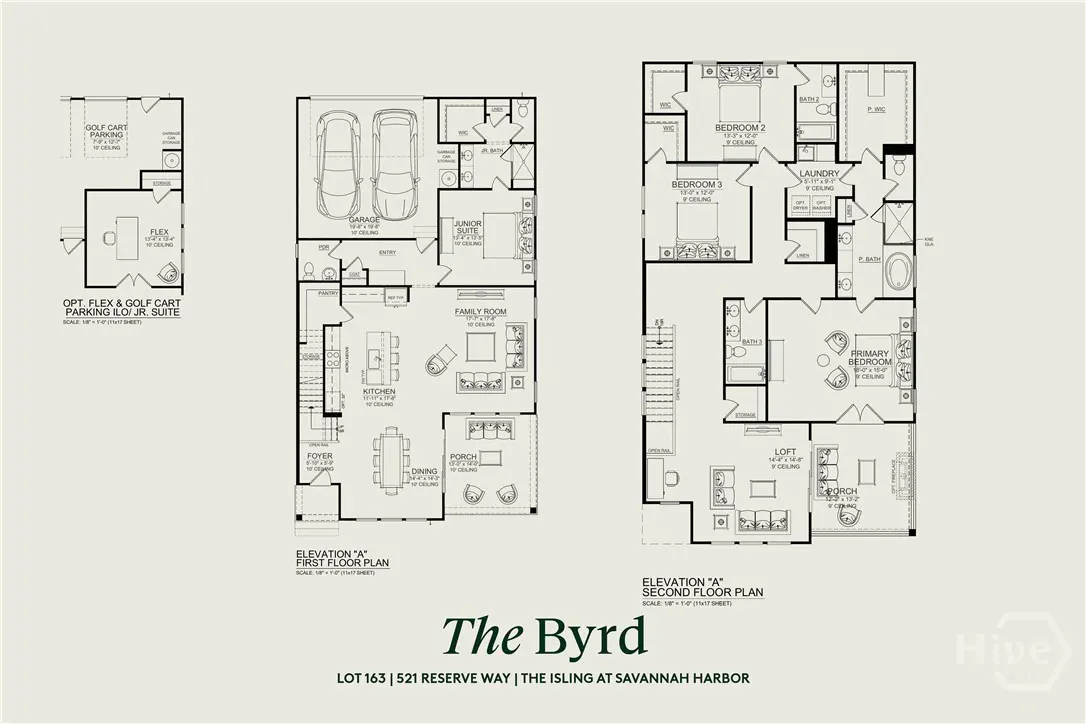 Floor plan for "The Byrd" house, showing first and second floor layouts with rooms labeled.
