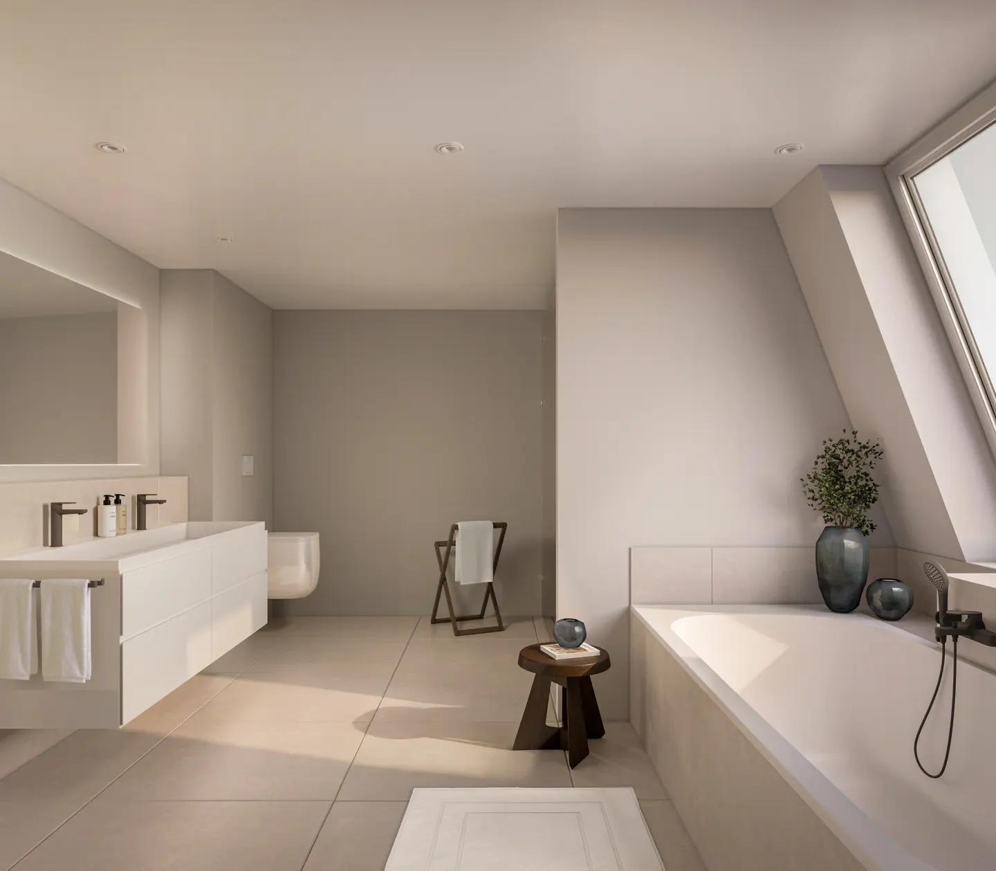 Bright, modern bathroom with white vanity, toilet, and tub. A wooden stool and towel rack add warmth to the neutral color scheme. A window provides natural light.