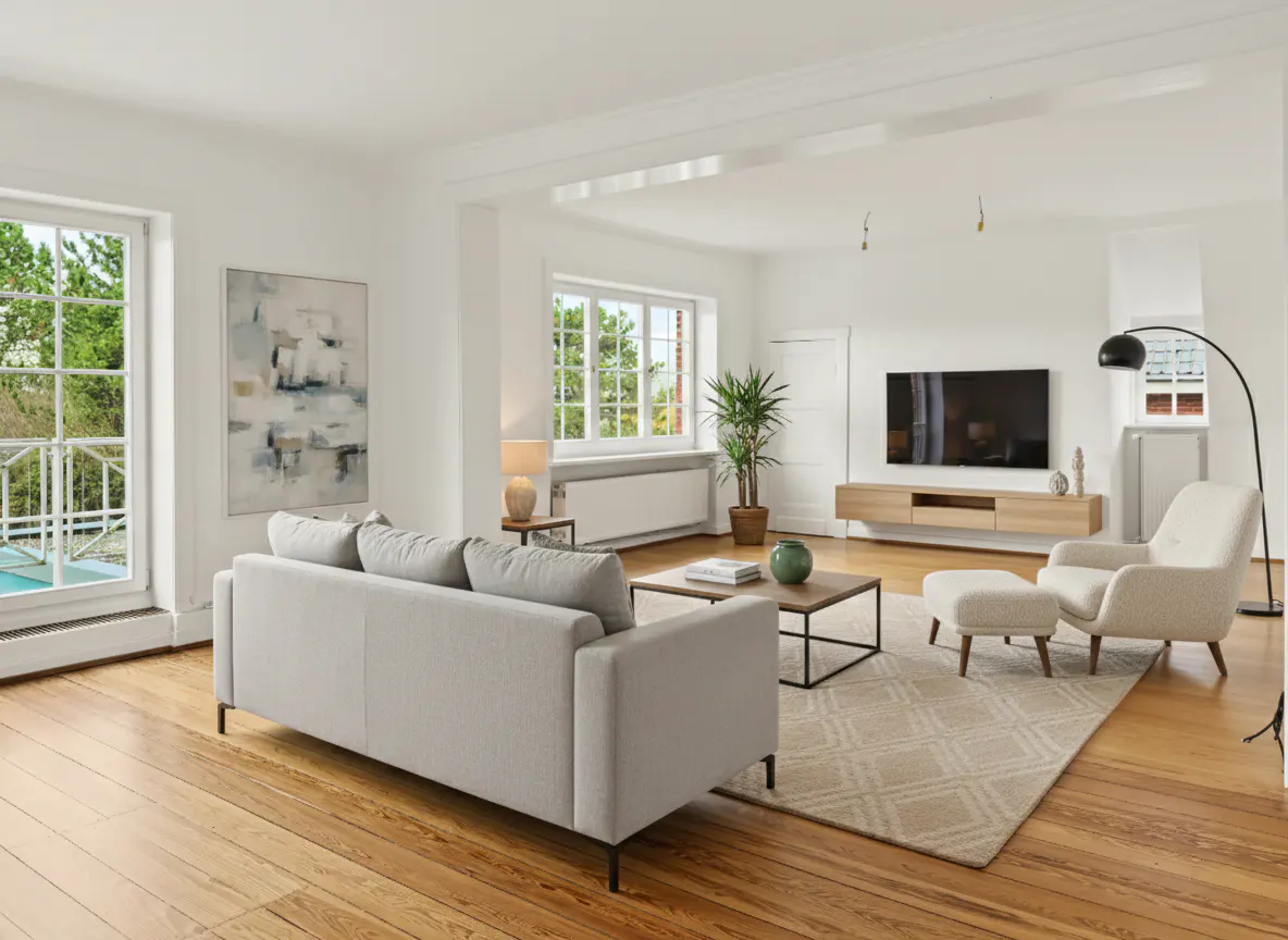 Bright, open living room with hardwood floors, white walls, and large windows. A gray sofa faces a TV, with a beige chair and ottoman nearby.