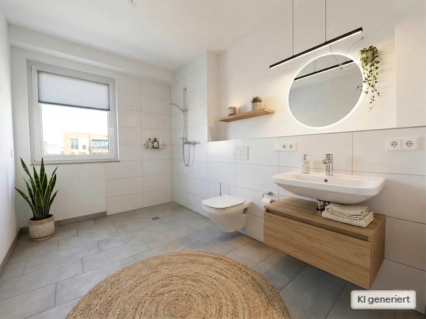 Bright bathroom with white tiled walls, gray tile floor, and a round jute rug. A floating vanity with a white sink and round mirror are featured.