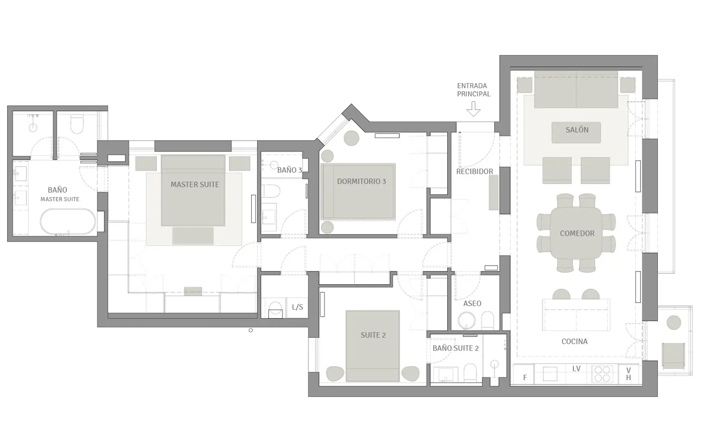 Floor plan of a house with three bedrooms, a living room, a dining room, a kitchen, and three bathrooms, all in gray and white.