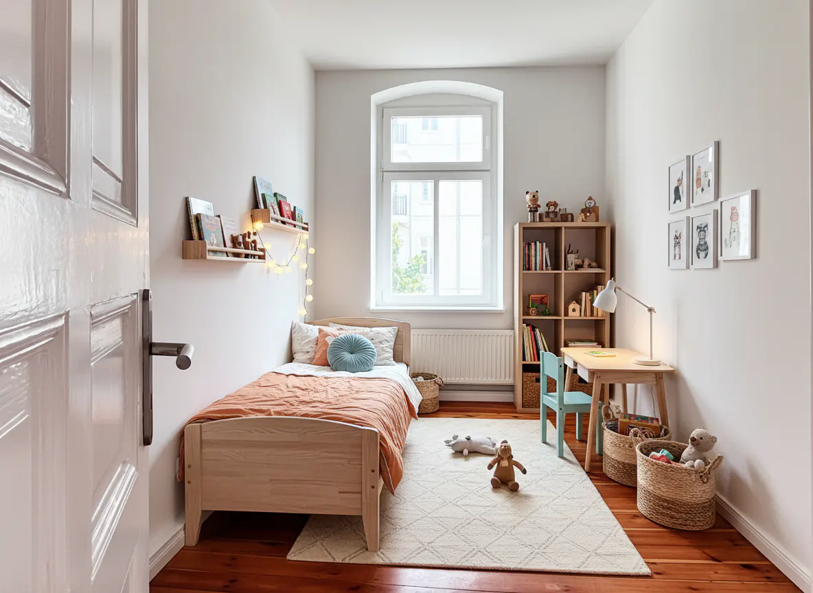 A child's bedroom with a wooden bed, desk, and bookshelf. The walls are white, and the floor is wood. There is a window and a door.
