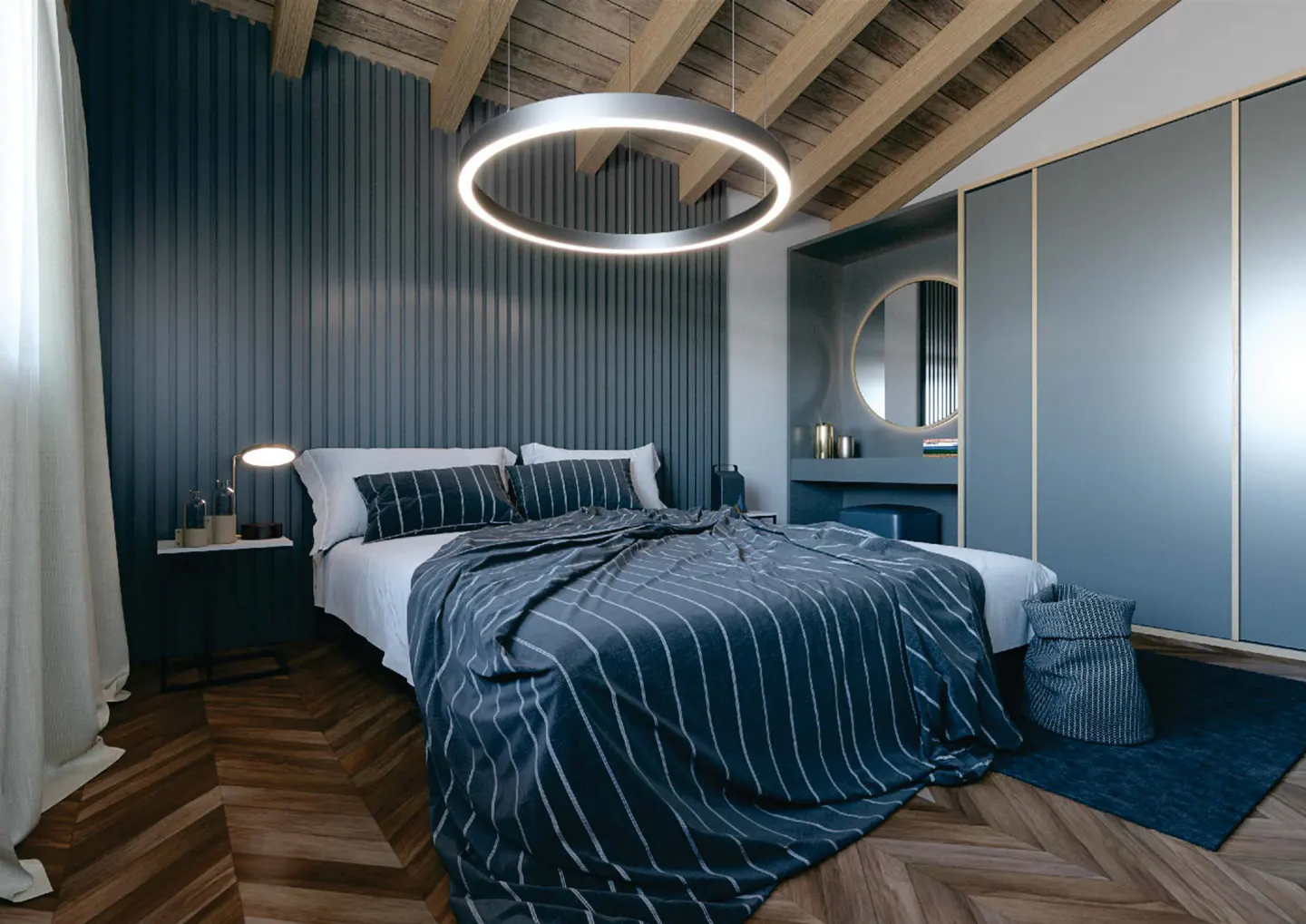 A modern bedroom with a blue striped bedspread, a round light fixture, and a herringbone wood floor.