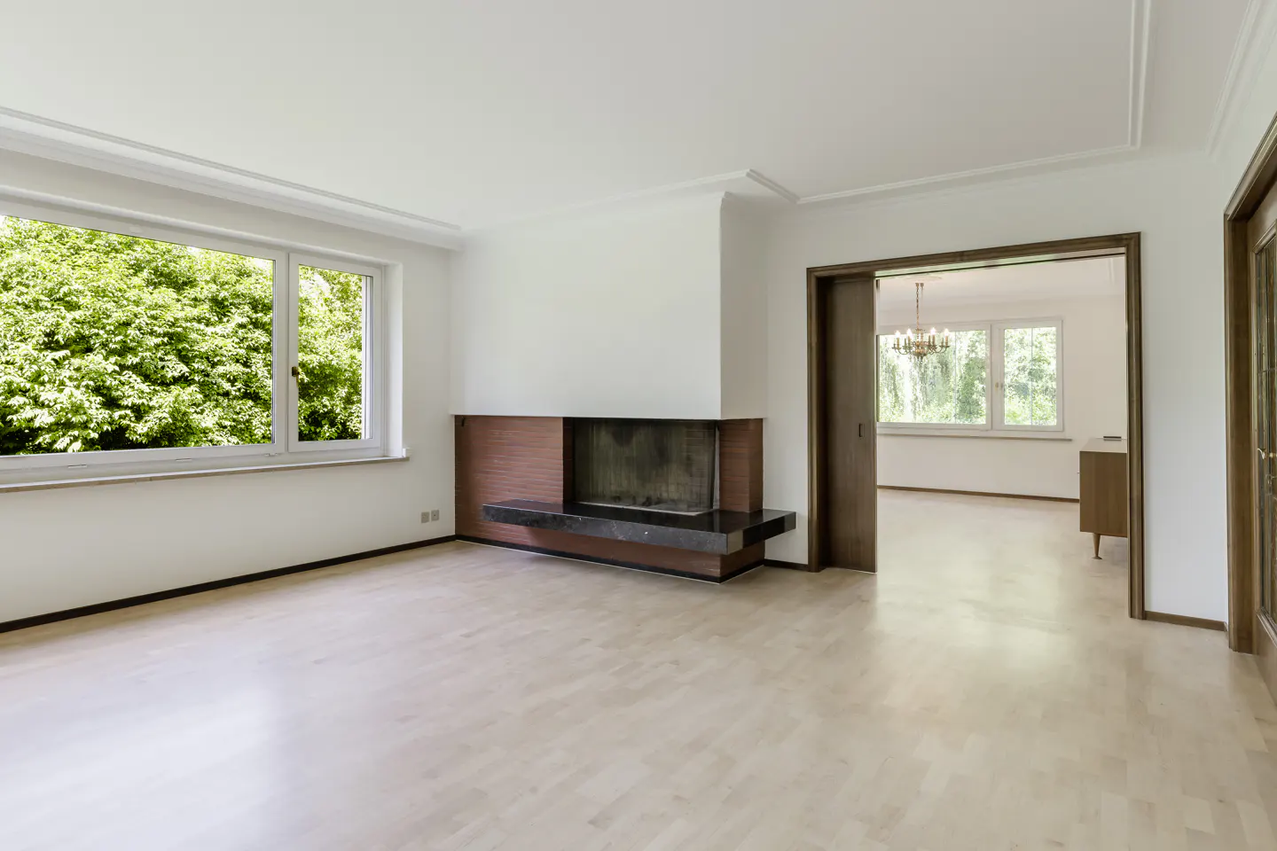 Bright living room with light wood floors, a modern fireplace with a dark hearth, and a view into an adjacent room.