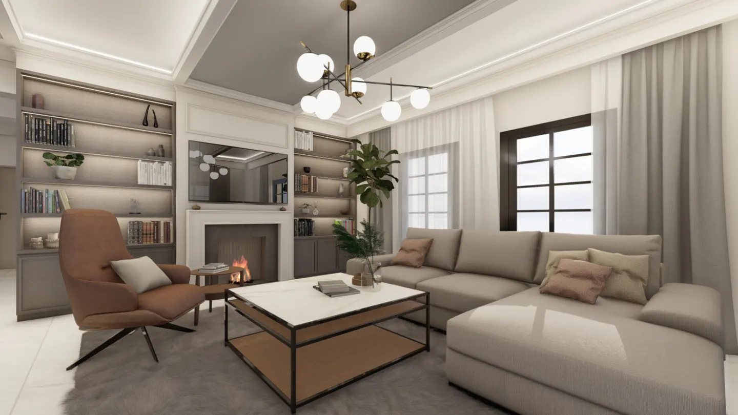 Living room with a beige sectional sofa, brown chair, fireplace, and bookshelves. A modern chandelier hangs from the ceiling.