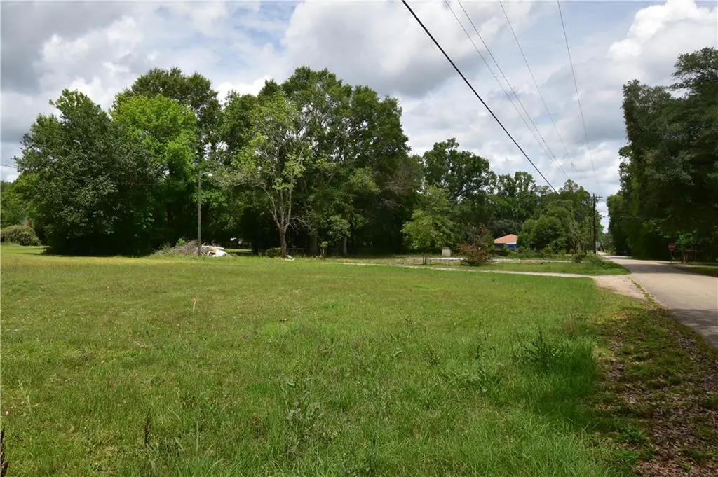 A grassy lot with trees and a road. Overhead power lines cross the sky.