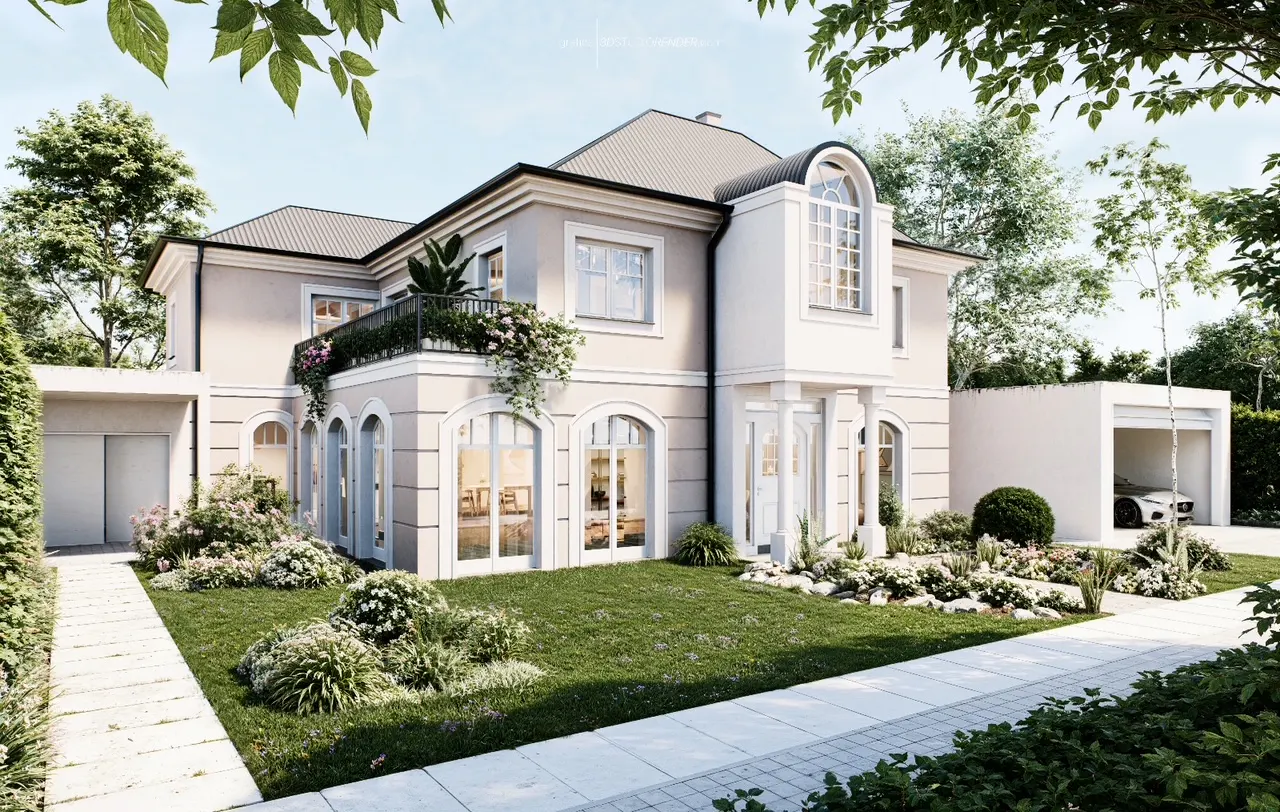 A two-story house with a gray roof, a balcony with flowers, and a white garage with a car.