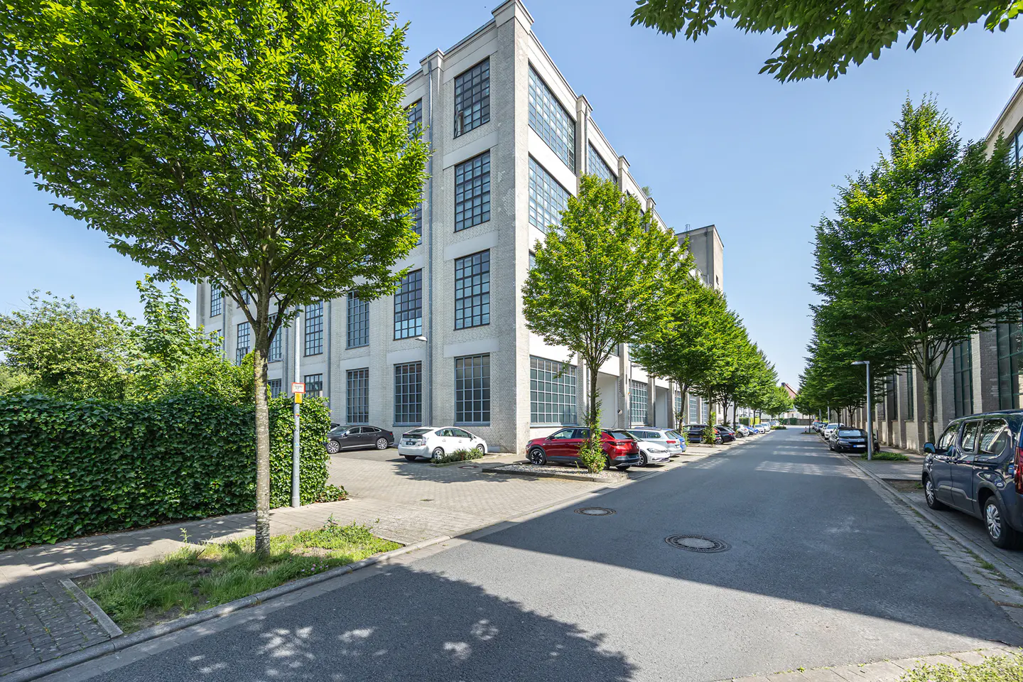 Exterior view of a multi-story industrial-style building with large windows, parked cars, and trees along a sunny street.