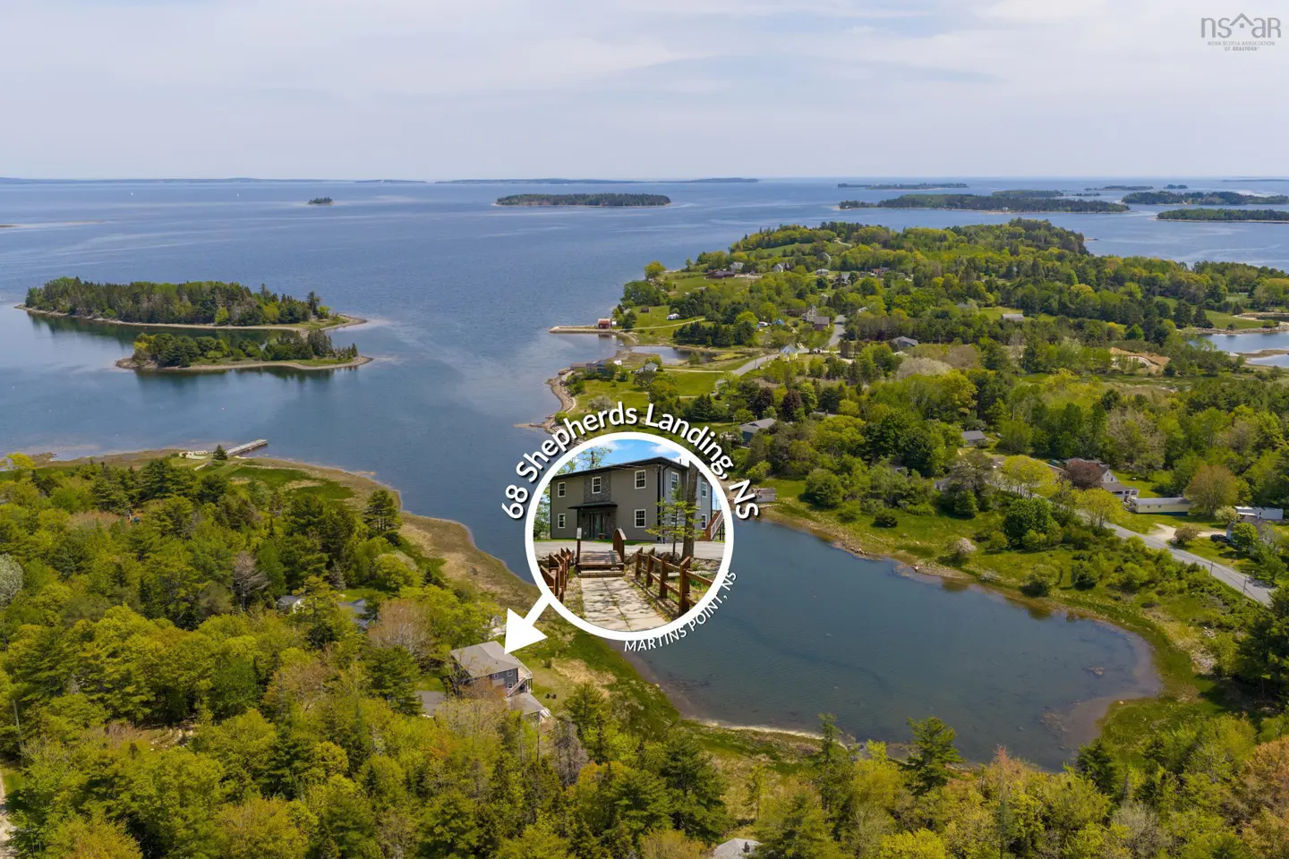 Aerial view of a coastal property in Martins Point, NS, with an inset photo of the grey house at 68 Shepherds Landing.