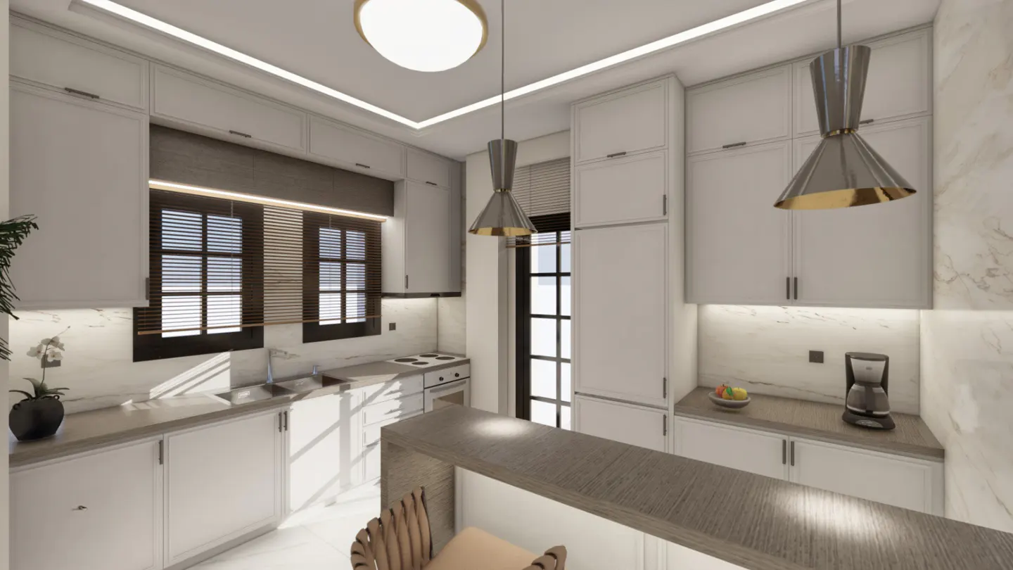 Bright kitchen with white cabinets, marble backsplash, and wood-look breakfast bar. Pendant lights hang above the bar. Two windows with blinds are visible.