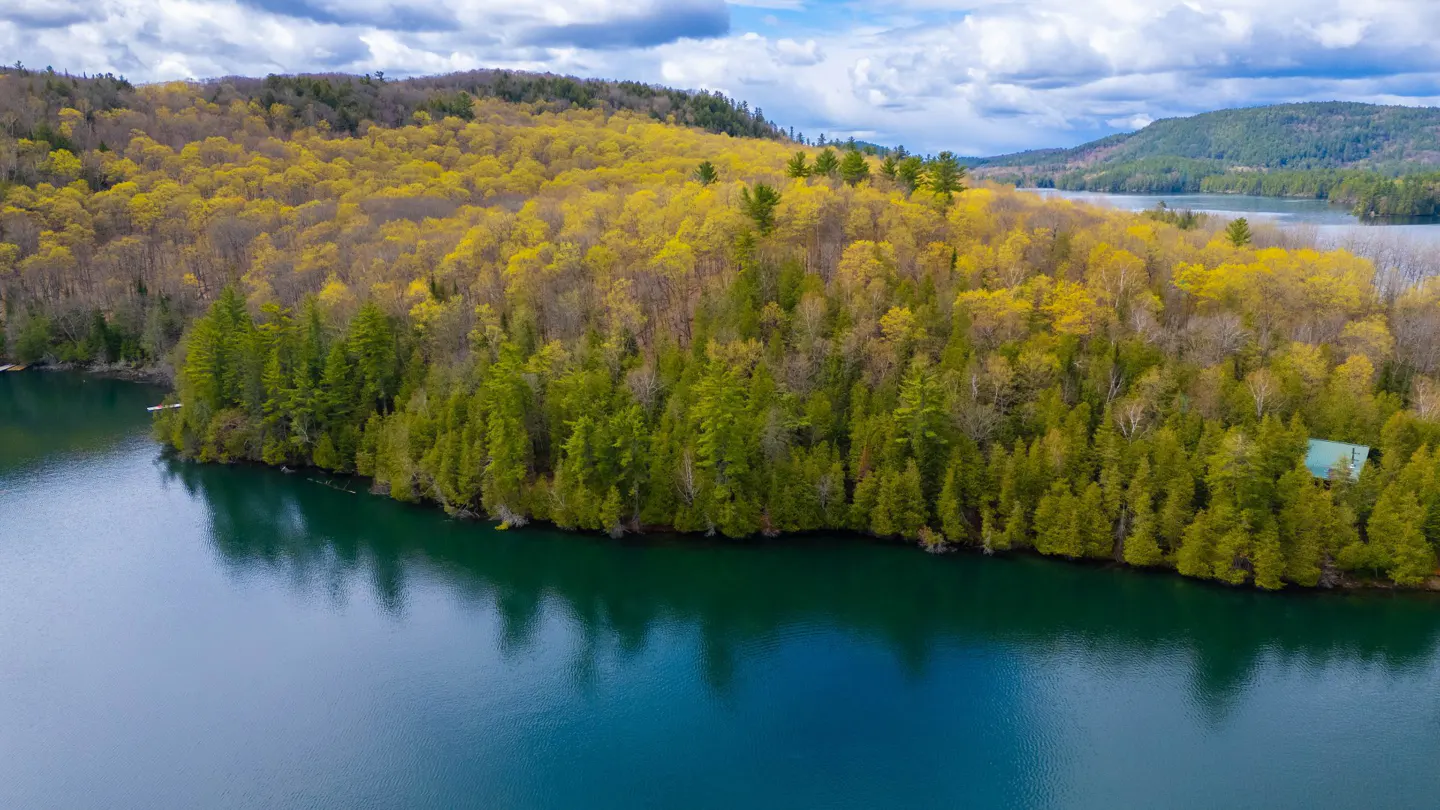 Aerial view of a deep blue lake bordered by a lush forest with yellow and green trees under a cloudy sky.