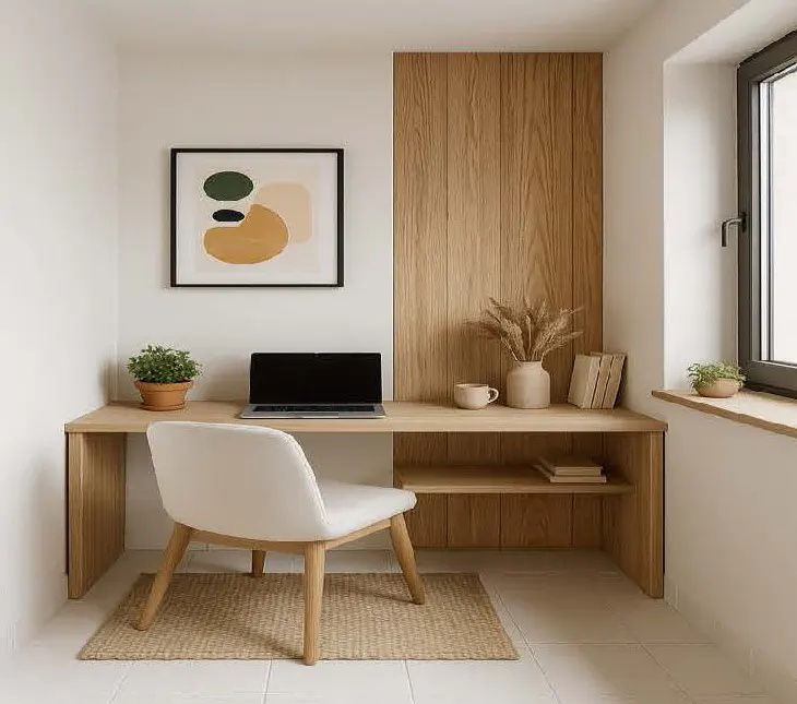 Bright home office with a laptop on a wooden desk, a white chair, and a framed abstract art piece on the wall.
