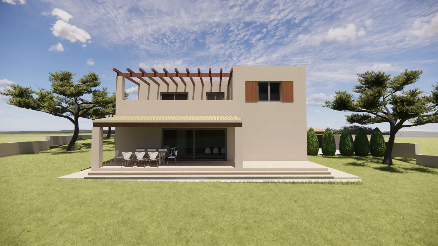 Modern two-story beige house with a covered patio, outdoor dining set, wooden pergola, and large trees on a grassy lawn.