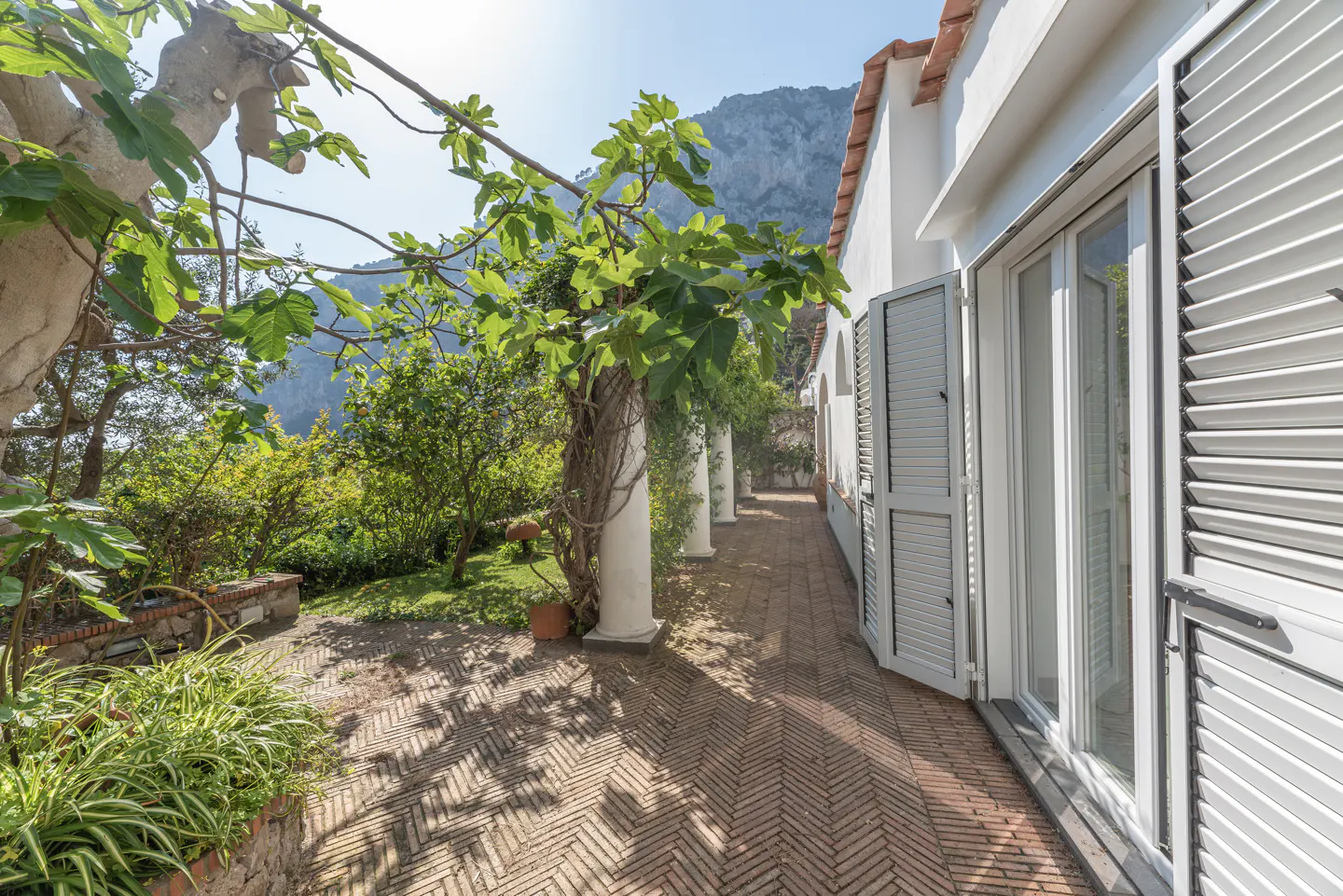 Exterior view of a white building with white shutters and a red brick patio. Green trees and a mountain are in the background.