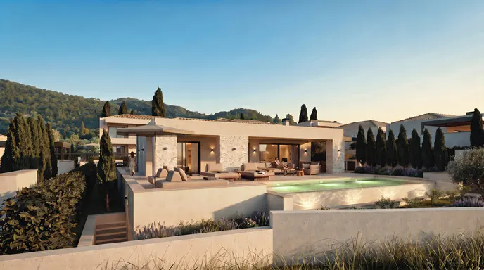 Modern villa with a private pool, outdoor lounge area, and stone accents, set against a backdrop of hills at sunset.