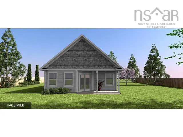 Rear view of a gray house with a gray shingled roof, surrounded by green grass and trees.