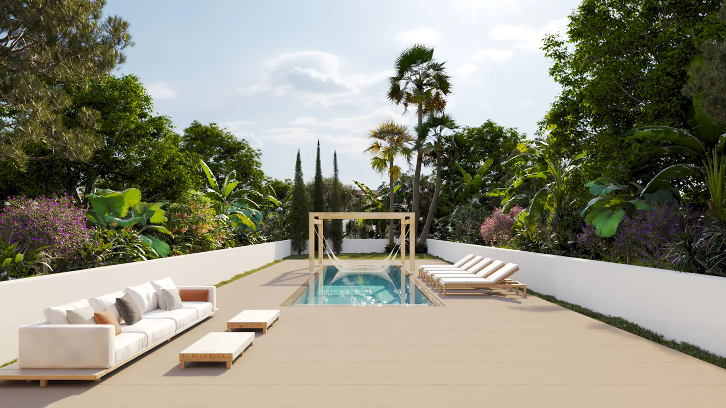 Luxury backyard with a pool, hammock, and lounge chairs. Lush green trees and plants surround the white walls.