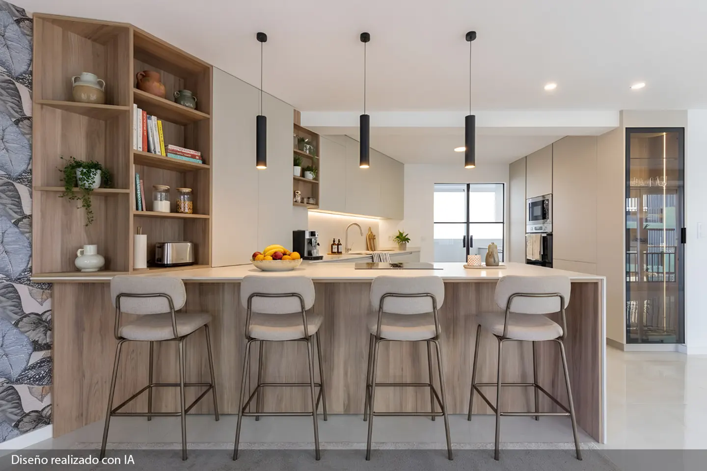 Modern kitchen with four bar stools at the island, open shelving, and black pendant lights. Neutral color palette.