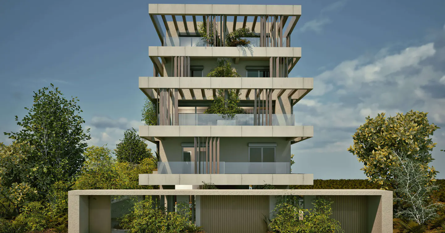 Modern four-story building with balconies and wooden slats, surrounded by lush green trees and a concrete fence.