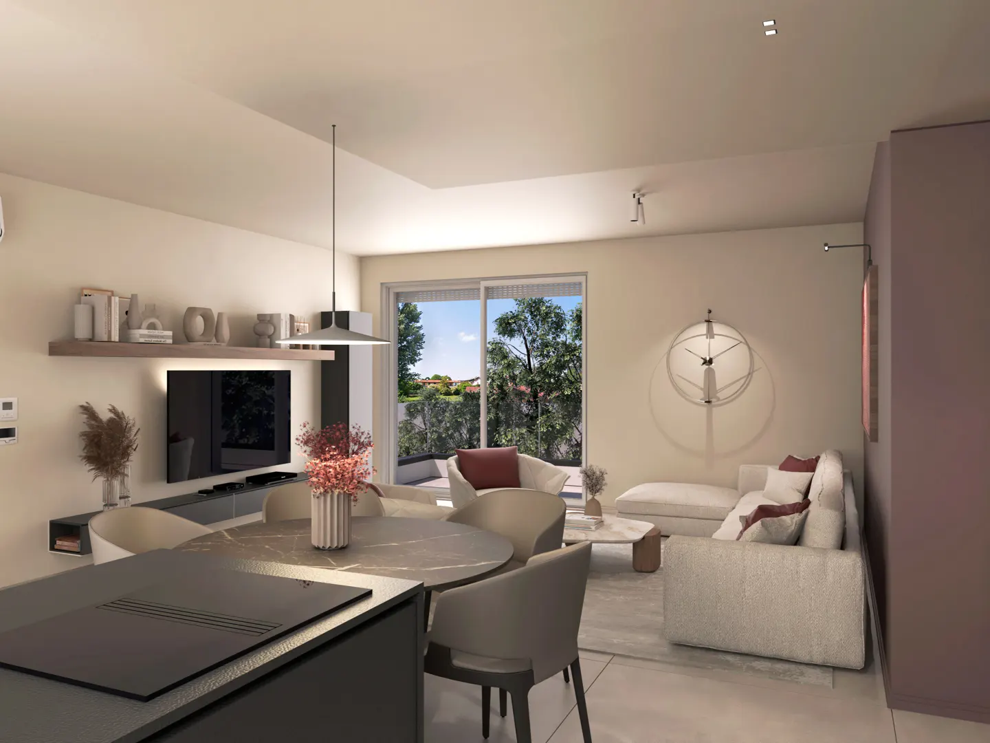 Open-concept living space with a dining table, sofa, TV, and balcony with trees.