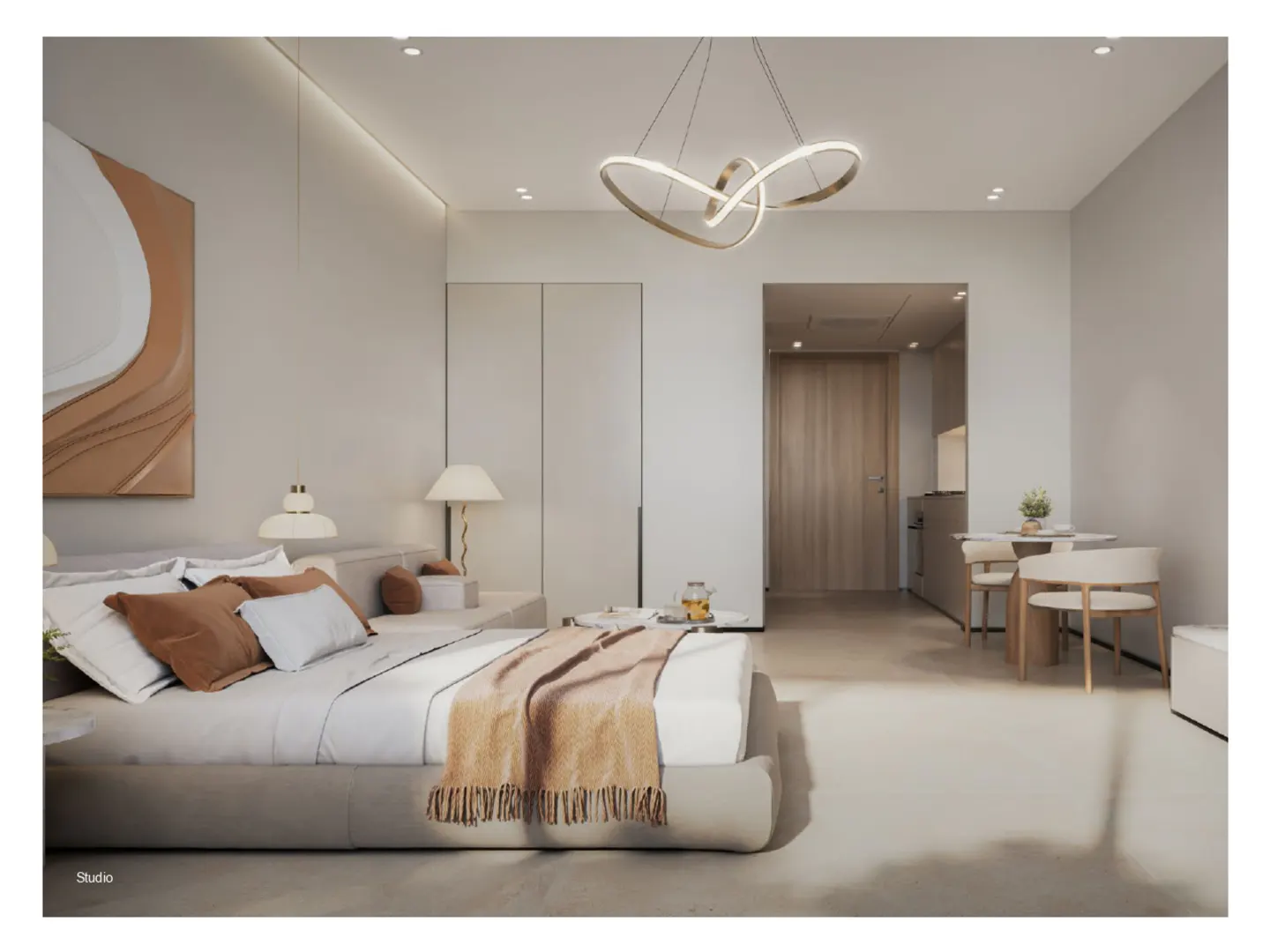 A modern studio apartment with a bed, dining table, and abstract art. The color palette is neutral with brown accents.