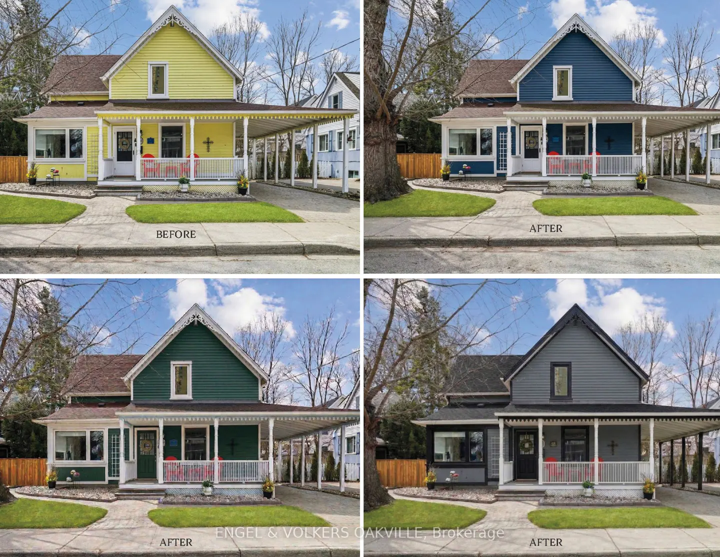Four-panel image showing a house before and after painting in yellow, blue, green, and gray.