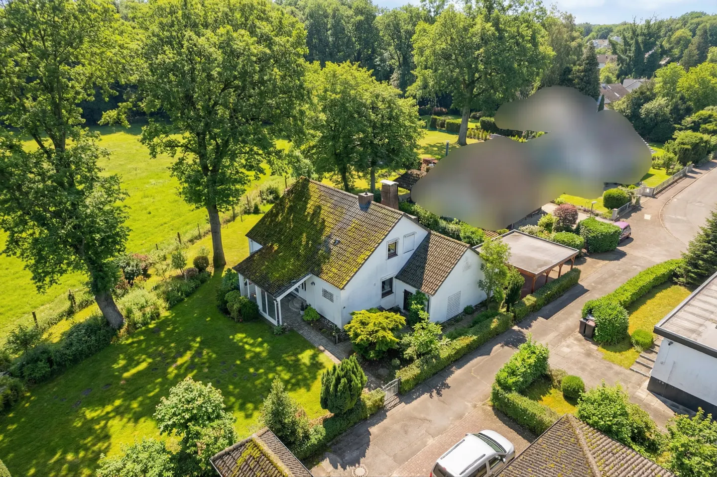 Aerial view of a white house with a mossy roof, surrounded by green trees and lawn.