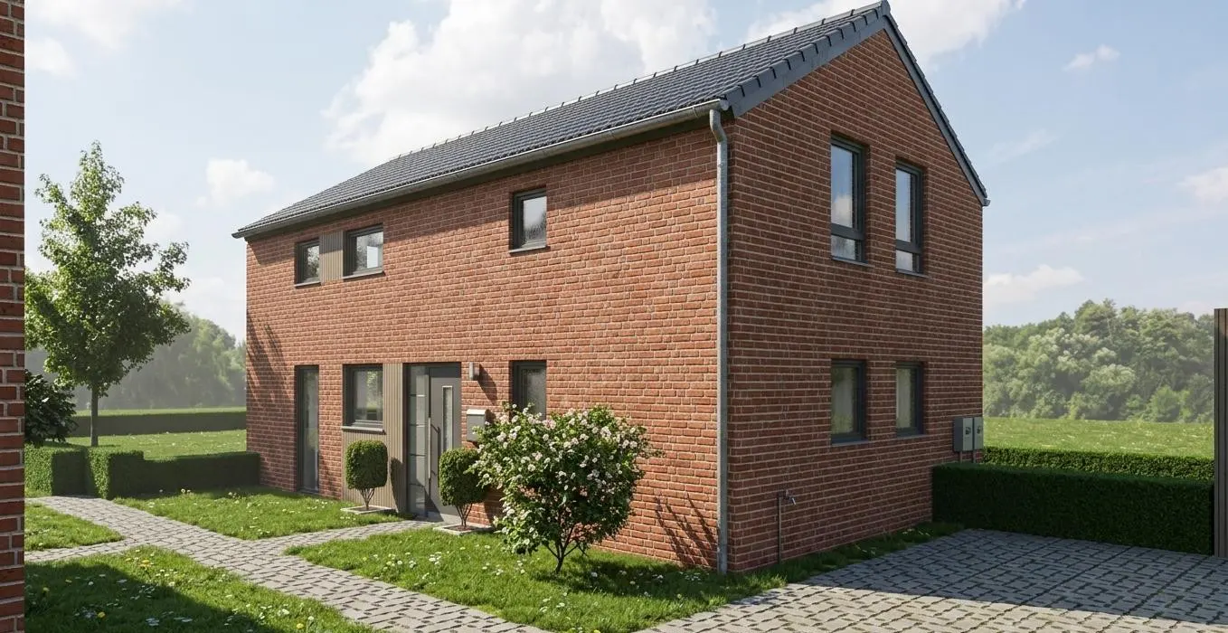 Two-story brick house with a gray roof, gray door, and gray window frames. A paved walkway leads to the front door. Green lawn and bushes surround the house.