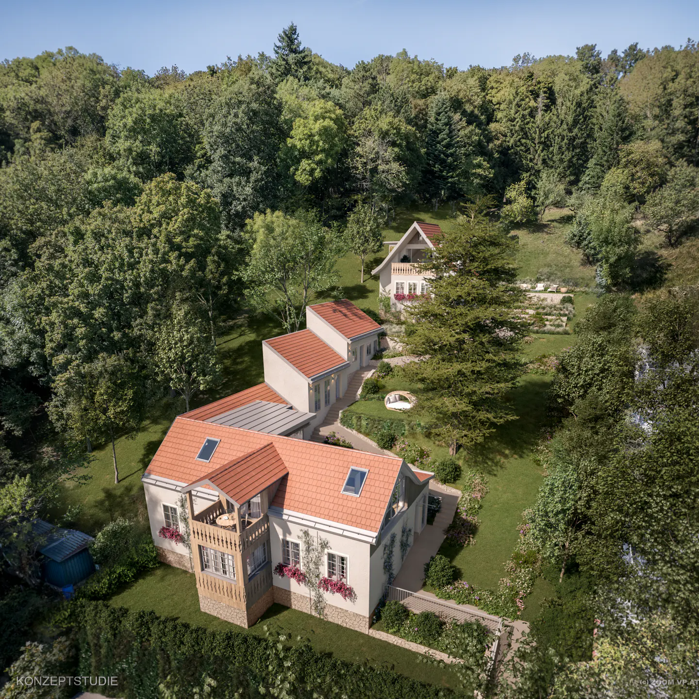 Aerial view of a beige house with a red tile roof, surrounded by lush green trees and a well-manicured lawn.