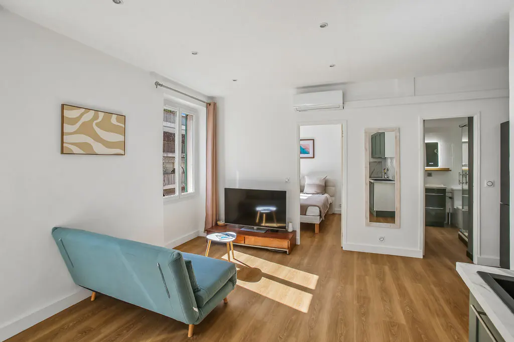 Bright studio apartment with wood floors, white walls, and a blue sofa. A TV sits near a window, with views into a bedroom and kitchen.