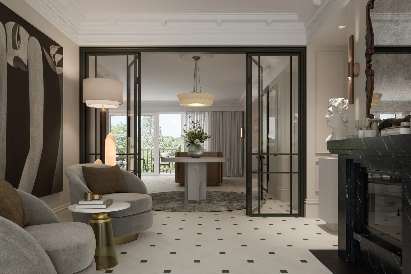 Elegant living room with gray chairs, marble fireplace, and black-framed glass doors leading to a bright, airy space. Abstract art on the wall.