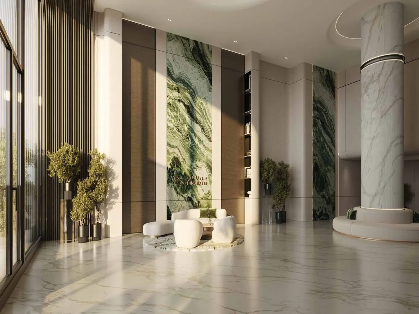 Modern lobby with marble floors, a green marble accent wall, and a white circular seating area. Tall windows let in natural light.
