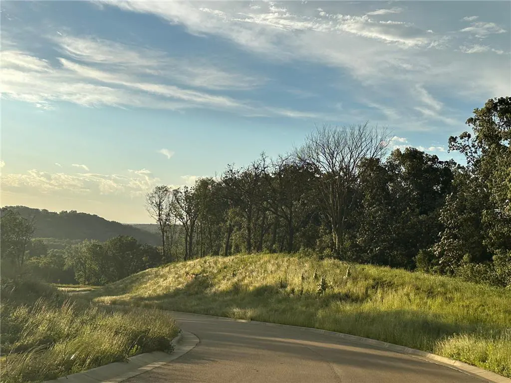A winding road leads to a grassy hill with trees under a blue sky with wispy clouds.